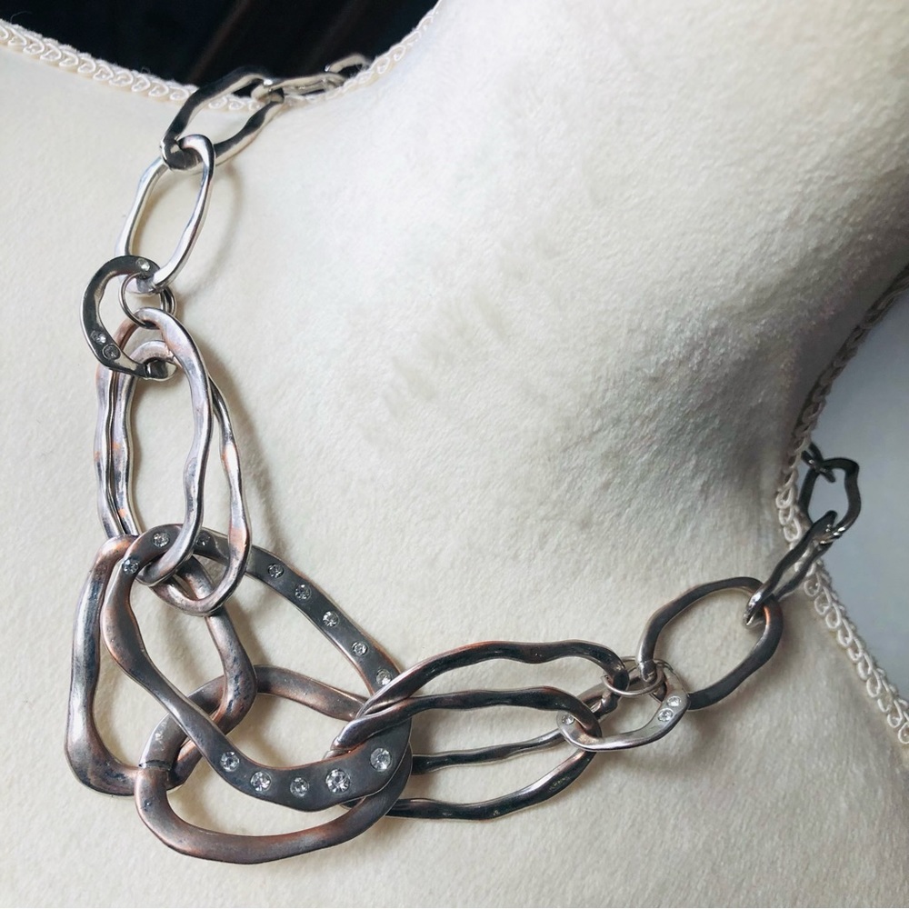Elle silver plated rhinestone accent hammered link chain necklace